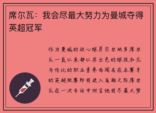 席尔瓦：我会尽最大努力为曼城夺得英超冠军