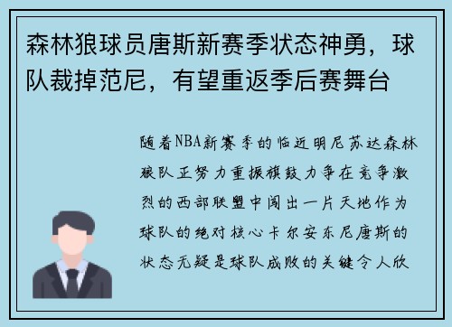 森林狼球员唐斯新赛季状态神勇，球队裁掉范尼，有望重返季后赛舞台