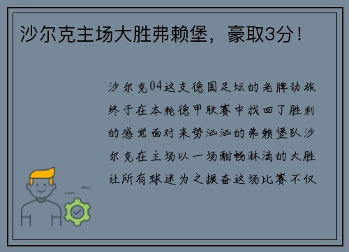 沙尔克主场大胜弗赖堡，豪取3分！
