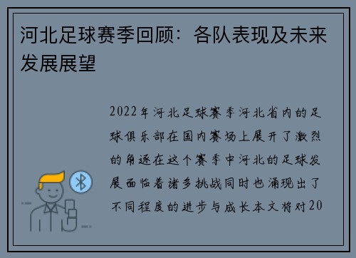河北足球赛季回顾：各队表现及未来发展展望