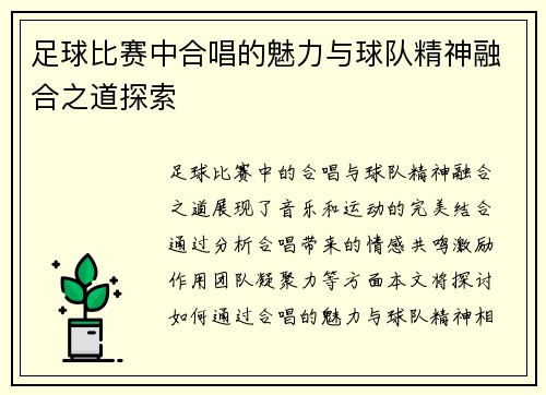 足球比赛中合唱的魅力与球队精神融合之道探索