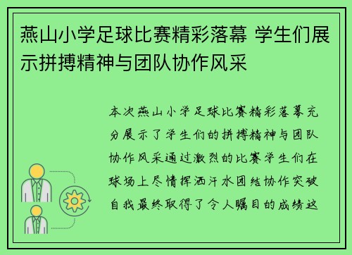 燕山小学足球比赛精彩落幕 学生们展示拼搏精神与团队协作风采