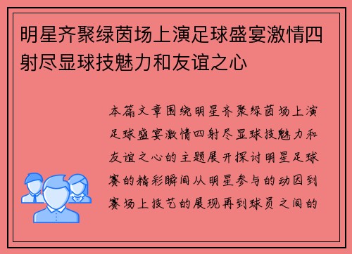明星齐聚绿茵场上演足球盛宴激情四射尽显球技魅力和友谊之心