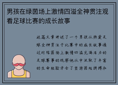 男孩在绿茵场上激情四溢全神贯注观看足球比赛的成长故事