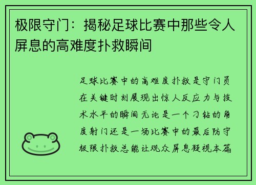 极限守门：揭秘足球比赛中那些令人屏息的高难度扑救瞬间
