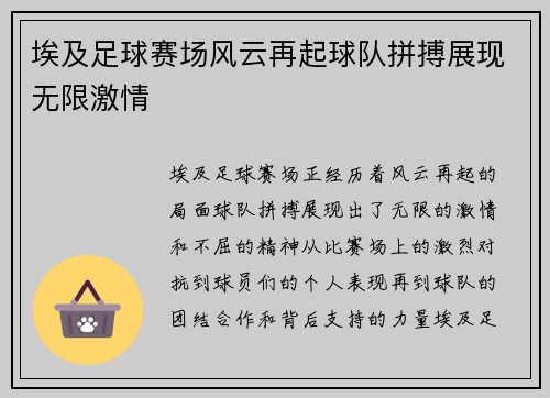 埃及足球赛场风云再起球队拼搏展现无限激情