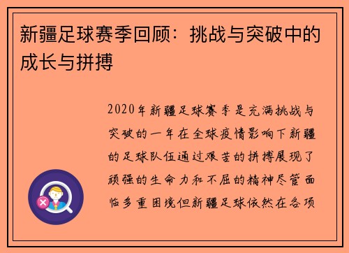 新疆足球赛季回顾：挑战与突破中的成长与拼搏