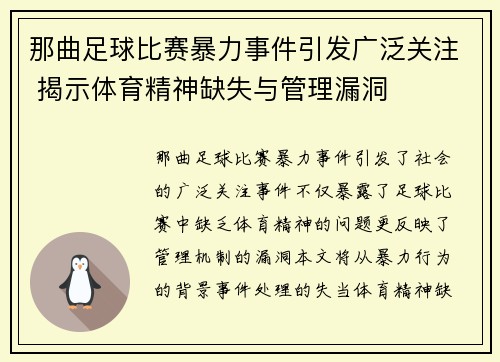 那曲足球比赛暴力事件引发广泛关注 揭示体育精神缺失与管理漏洞