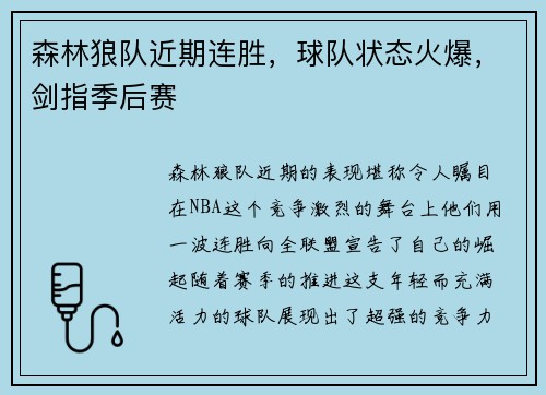 森林狼队近期连胜，球队状态火爆，剑指季后赛