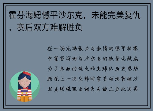 霍芬海姆憾平沙尔克，未能完美复仇，赛后双方难解胜负