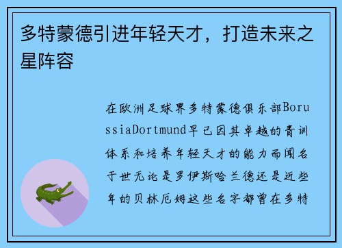 多特蒙德引进年轻天才，打造未来之星阵容