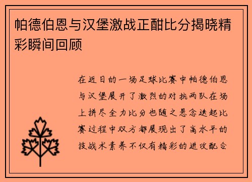 帕德伯恩与汉堡激战正酣比分揭晓精彩瞬间回顾
