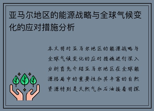亚马尔地区的能源战略与全球气候变化的应对措施分析