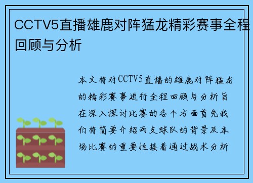CCTV5直播雄鹿对阵猛龙精彩赛事全程回顾与分析