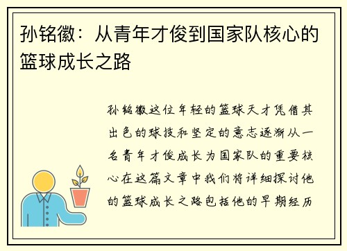 孙铭徽：从青年才俊到国家队核心的篮球成长之路