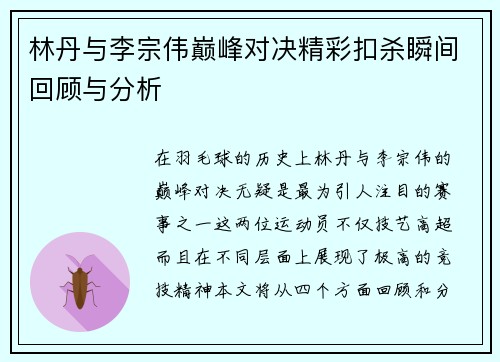 林丹与李宗伟巅峰对决精彩扣杀瞬间回顾与分析