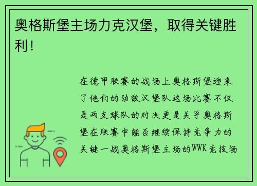 奥格斯堡主场力克汉堡，取得关键胜利！