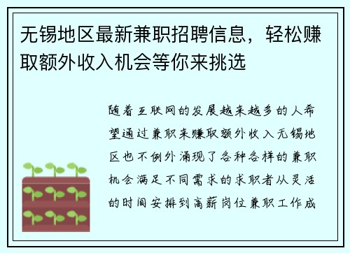 无锡地区最新兼职招聘信息，轻松赚取额外收入机会等你来挑选