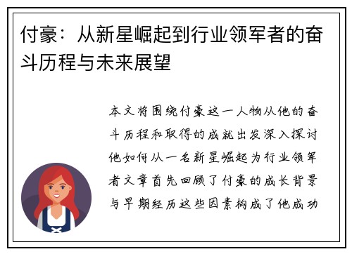 付豪：从新星崛起到行业领军者的奋斗历程与未来展望