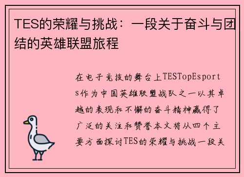 TES的荣耀与挑战：一段关于奋斗与团结的英雄联盟旅程