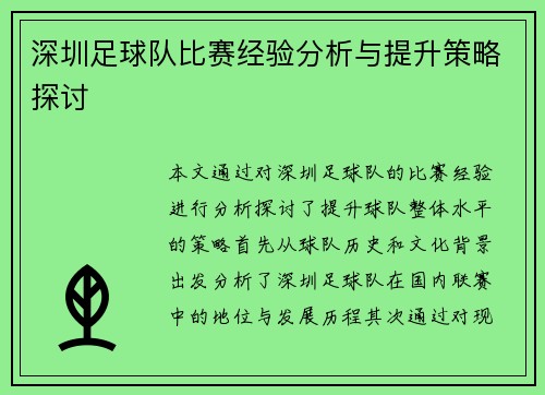深圳足球队比赛经验分析与提升策略探讨