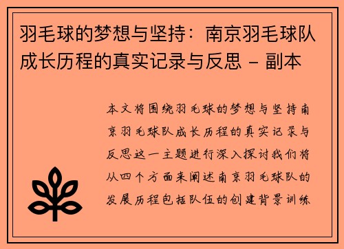 羽毛球的梦想与坚持：南京羽毛球队成长历程的真实记录与反思 - 副本